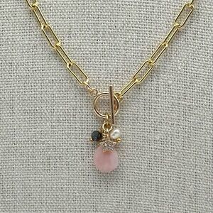 Gold filled paperclip necklace. Toggle clasp. Pink opal, pearl & pyrite charms.
